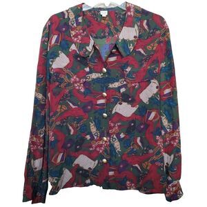 SHERBROUCK 100% Silk All Over Print Button-Up Shirt Gold Buttons Size 14 Vintage